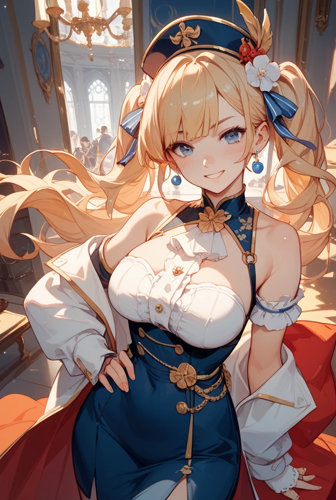((Best quality)), ((Masterpiece)), (detailed), perfect face perfect figure, Middle Ages, palace background, 26 year old, Scandinavian woman, Princess, Golden hair, bun-like hairstyle, bright blue eyes, pale skin, large breasts, buxom chested, tight blue dress, off shoulder, cleavage, diamond tiara, smiling, teeth, high resolution, (ultra-detailed), (best illustration), (best shadow), (absurdres), (perfect hands, perfect anatomy), (4k textures), epic artistic, sharp focus, even lighting, insane details, intricate details, hyperdetailed, rich colors,