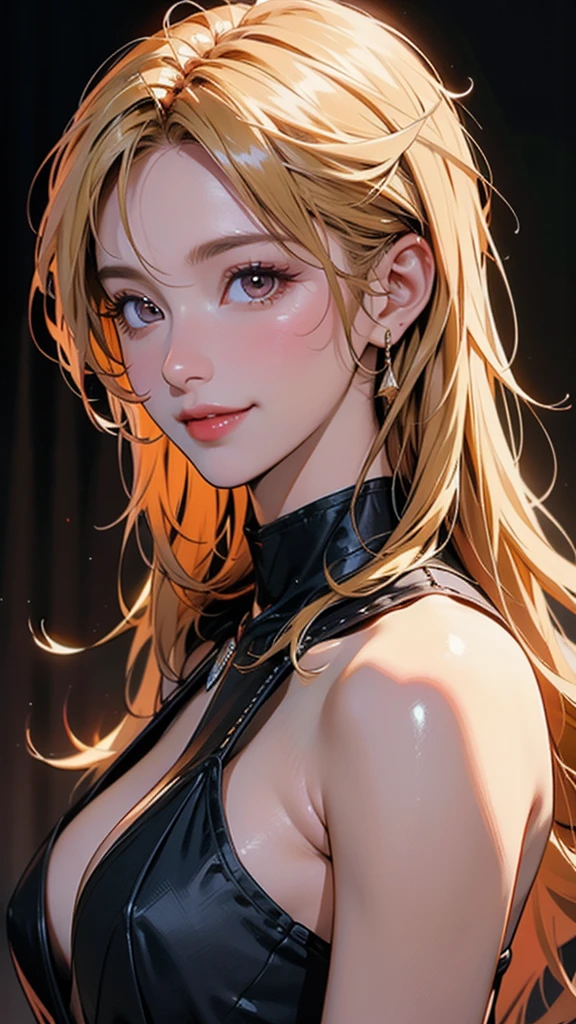 Enchanting Golden Scoundrel」Sensual vampire in short golden clothes、Staring at the viewer、Flowing blonde hair、menacing gaze、Sparkling vampire fangs、Stain her pale face、Large, Sharp claws are ready to pounce、In a dark vision of the city at night