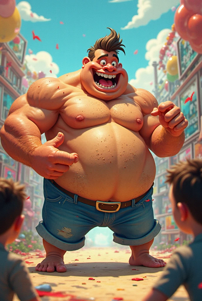 A guy has a ripped in the back of his pants exposing his funny whimsical briefs