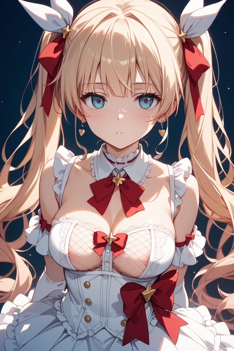 (Extremely Delicately Beautiful:1.2),1 busty girl, through bangs, eBlue eyes, bblurry, vague background, the bow, Brown hair, close your mouth, seen from the side, hair between eye, hair pin, lanterns, Light particles, longer sleeves, looking at viewert, Medium hair, natta, red bowtie, Alone, As estrelas \(symbol\), upper part of body,ssmile,Redlip