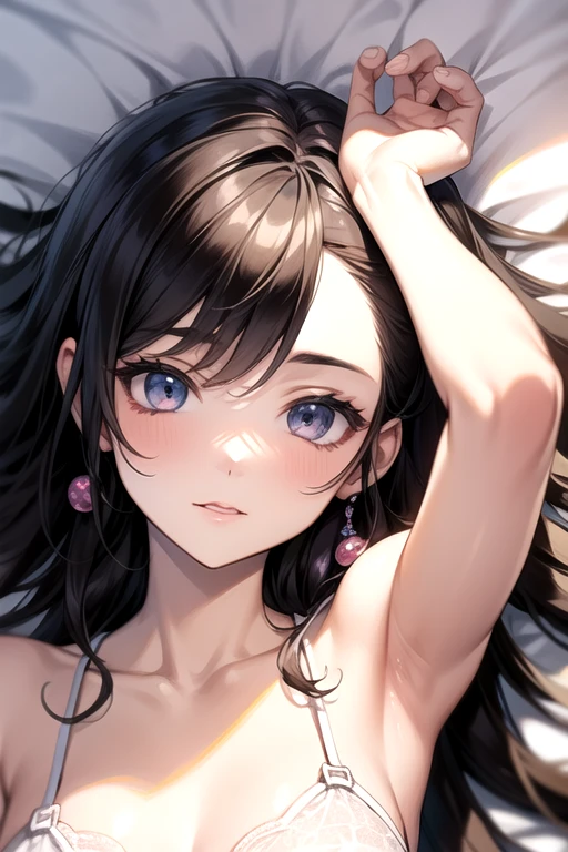 1girl,face out of frame,close up viewer,bare_shoulders, blush,lingerie bra,breast,closed_mouth, collarbone,looking_at_viewer,simple_background,small_breasts,solo,sun light,