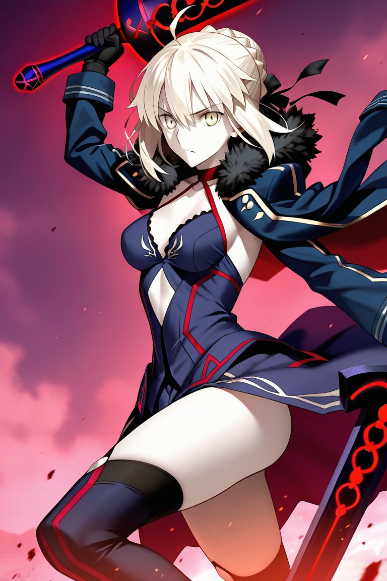 score_9、score_8_up、score_7_up、2d、Expressive、
1 girl、solo
、Mature Woman、night、Are standing、Walking down the stairs
 、mist、Long Hair、Large Breasts、黒いarmor、Thigh-high fishnet stockings、Cape、Spear in right hand、Van、Thigh boots、Fundoshi Jeanne d&#39;Arc Alter / (Fate Grand Order/)
short hair、Headpiece、armor、armor付きdress、黒のKnee socks、Cape、dress、Fur trim、Fur trimのCape、Frowning、sheath、ショートdress、Knee socks、Torn clothes、