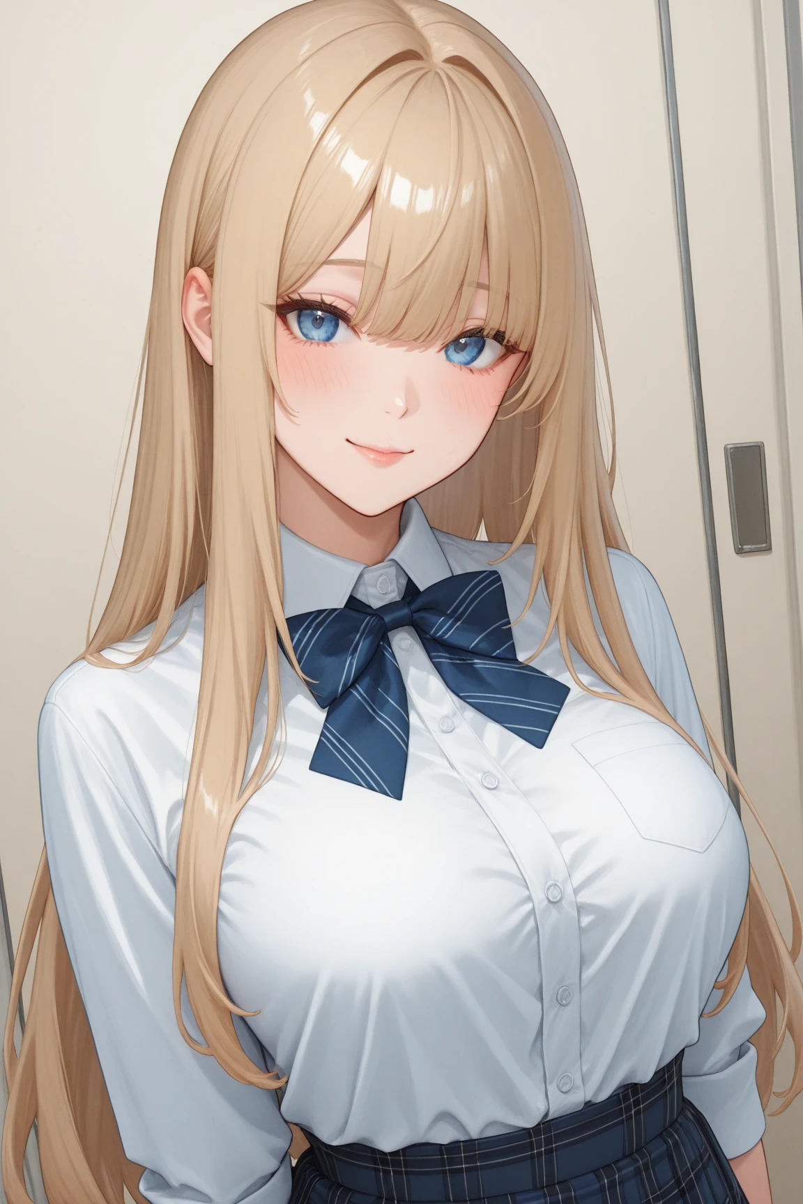 SFW (masterpiece, best quality, 32k) a youthful teenage girl with long blonde hair ((golden blonde hair, bright blonde hair, bangs, diagonal bangs, straight bangs, blunt bangs, long bangs)), ((blue eyes, light blue eyes, bright blue eyes)), ((eyeliner, dark eyeliner, eyeshadow, dark eyeshadow, makeup)), ((beautiful face, sultry face, impish face, delicate features, sexy face)), ((pale skin, smooth skin, perfect skin)), walking, standing, relaxed, indoors, hallway, school, school interior, classroom, desk, window, sky, light, natural light. ((School uniform, modern school uniform, white blouse, tight blouse, tented blouse:1.2, long sleeved blouse, black skirt, pleated skirt)), ((huge breasts:1.3, round breasts:1.3, perky breasts:1.3)), ((slim:1.3, lithe:1.3, slender:1.3, thin:1.3, busty:1.2, buxom:1.2)), ((round hips, thin waist, waspish waist)), ((long legs, slender legs)), small smile ((full lips)), ((happy expression, cute expression:1.5, naive expression:1.5)), open eyes, large eyes, expressive eyes, head to waist portrait, cinematics, color oil painting, cinematic lighting, ((extremely detailed face)), ((finely detailed face)), ((Extremely detailed eyes)), ((finely detailed eyes)), ((beautiful face)), ((beautiful eyes)), perfect lighting, depth of field, (realistic proportions), (good anatomy), ((solo:1.6)), ((1girl:1.6))