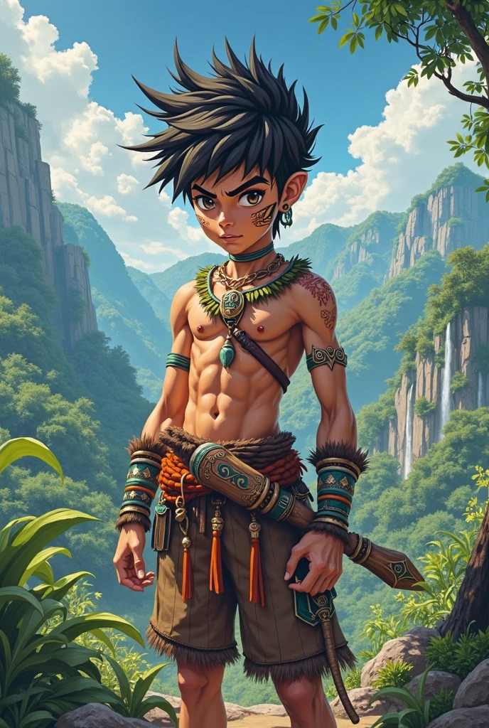 handsome boy,Black Hair，Tanned skin，Minority style，Feather ornament，Stars background，Amazon Natives，(Dynamic poses:1.0)，Stone Spear，Animal leather wristbands，primitive