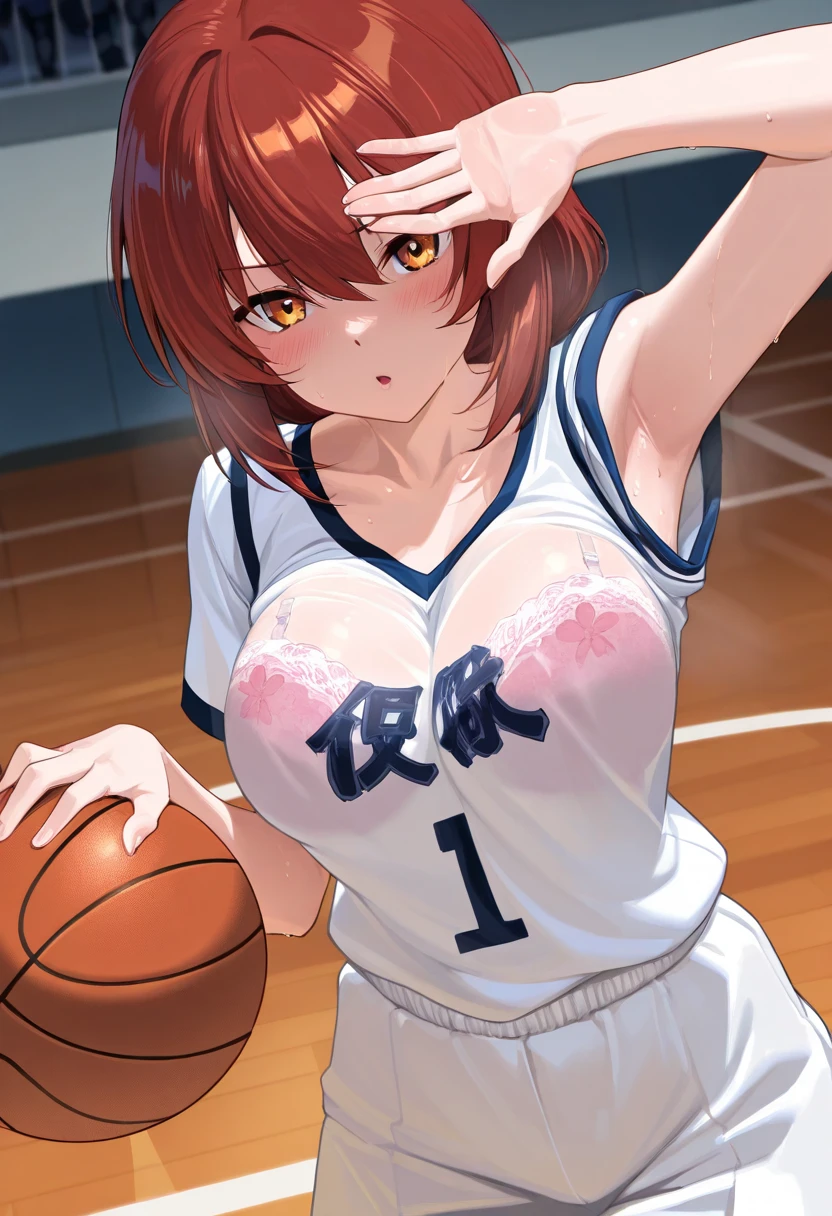mastute piece,Best Quality,insanely detailed,8k cg,nsfw,
(shoot upper body:1.3),
(1girls:1.3),standing,looking at viewr,body in front,(arms behind back:1.4),(volleyball uniform:1.4,red buruma:1.2),(bare breasts:1.4),break,
blush,shy,(ecstasy face),(trembling:1.2),break,(light red hair:1.2),
break,
perfect breasts,perfect teats,(open mouth:0.9),(large breasts:1.3),
(volleyball court:1.1),