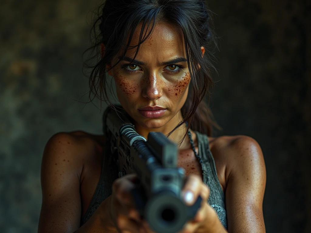 ((( masterpiece ))), (((Highest quality))), ((Very detailed)), (photograph), ((Very delicate and beautiful )), High resolution, One dirty-face Amazon warrior woman, Age 45, laying on the groundwith a blowpipe in her mouth, ready to blow. Swollen and tattooed cheeks. Aiming to a target out of the frame. front POV (Detailed eyes), (Detailed facial features), (Detailed Weapons), (Detailed fingers), (Leg details), (Eyes visible through hair), ((Drunk Eyes)), (Embarrassing :1.2), (Toothless smile), (((Fuller lips))), (Desert Scene), (Upper Body), Colonial beige coat, ((Dim Light)), ((Film Grain)), ((Single-lens reflex camera)), ((35mm lens focal length)). 

Cinematic lights. Masterpiece, best quality, 8K, photo realistic, wallpaper, wallpaper 8k, photographic contest winner, Hyperrealistic art cinematic film still photography in the style of detailed hyperrealism photoshoot. [Entire scene is surrounded by lights, evoking a magical and eerie atmosphere. The lighting is bright and atmospheric, with smoke adding a touch of sinister ambiance. Best quality image, HDR enhancement, showcasing the utmost level of detail and realism]. [8K, Best Quality, Ultra High Resolution, (highly detailed CG unity 8k wallpaper), (best photo), (best shadows), isometric 3D, octane rendering, ray tracing, highly detailed, (Best quality, 4K, 8k:1.2), absurdity, ultra detailed, (realistic, photorealistic, photorealistic:1.37), complex parts, HDR, (complex parts:1.12), (hyper detailed, hyper realistic, Soft lighting, spicy:1.2), (complex parts, Hyper detailed:1.15). Blurred foreground. (backlit), masterpiece, high quality, brightness, chromatic aberration, foggy smoke, shadows, contrast, clear sky, (warm hue, warm tone), high details, natural reflections].