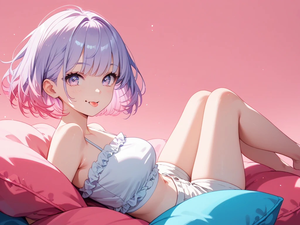 ((8k, Highest quality, masterpiece: 1.3)),Ultra-high resolution,(1 girl, alone), (Color changing eyes, Ultra-detailed, Expressive brilliance, Glitter, Glowing Eyes), Highly detailed eyes, Highly detailed face, Random Hair, ((pastel colour))In her dimly lit bedroom, illuminated by the soft glow of fairy lights, a young woman with pastel purple hair tied in a loose ponytail is seen lying on her back across her bed. She wears an oversized men’s white dress shirt that’s unbuttoned and spread open, fully revealing her pastel pink bikini. Her legs are slightly bent, and one hand is resting on her stomach, while the other lazily drapes over her head. The camera is positioned from above, capturing the inviting and intimate setting, with the contrast of the soft, oversized shirt against her vibrant bikini.