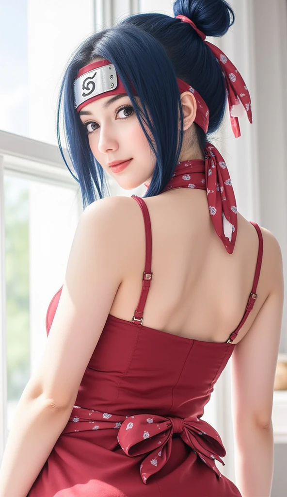 work of art, ultra high quality cg, best qualityer, perfect photo, standing alone, Lidia Sobieska (tekken, short medium black hair, blue colored eyes, red hair tie, stark, smiling), wearing a long floral dress, sitting on the double bed, olhando de lado, blushful, shoulder showing, arms raised as if to hug something, in a simple European apartment