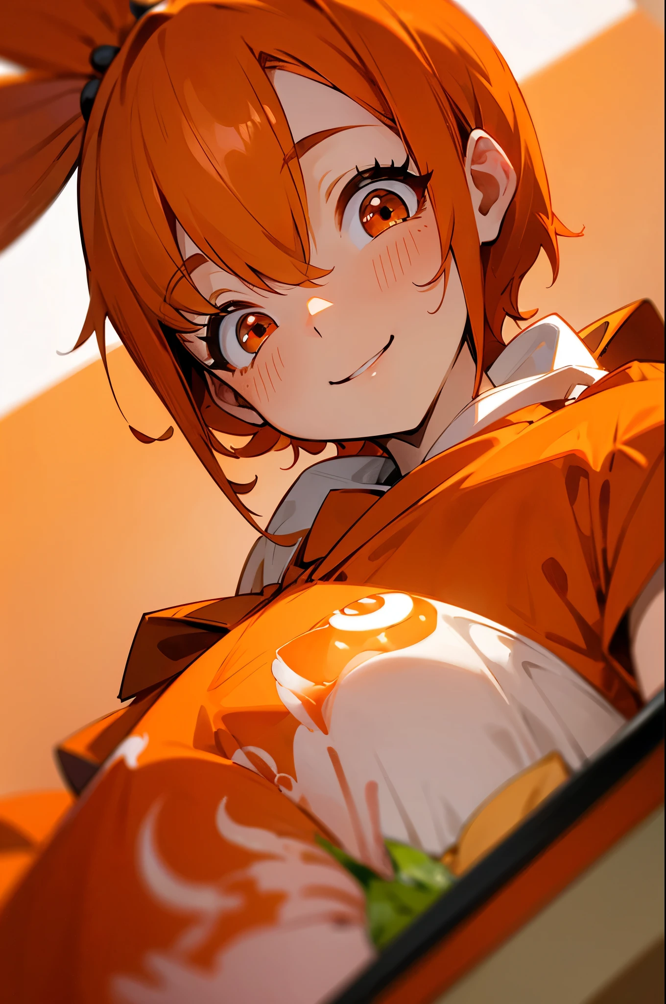 looking up from below、Ebi Monster Pretty Girl、Orange Clothes、orange hair、Red round eyes、Smiling、upper body close-up、kitchen、Make delicious shrimp dishes、Apron