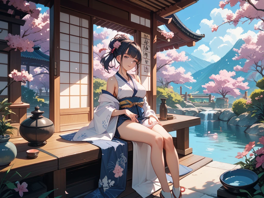 Hanfu, One girl, Medium chest, Cleavage, Mountain, soaking feet, Sitting, Chinese park background,White knee socks,Shimizu,(feet:1.3), Too many flowers,  