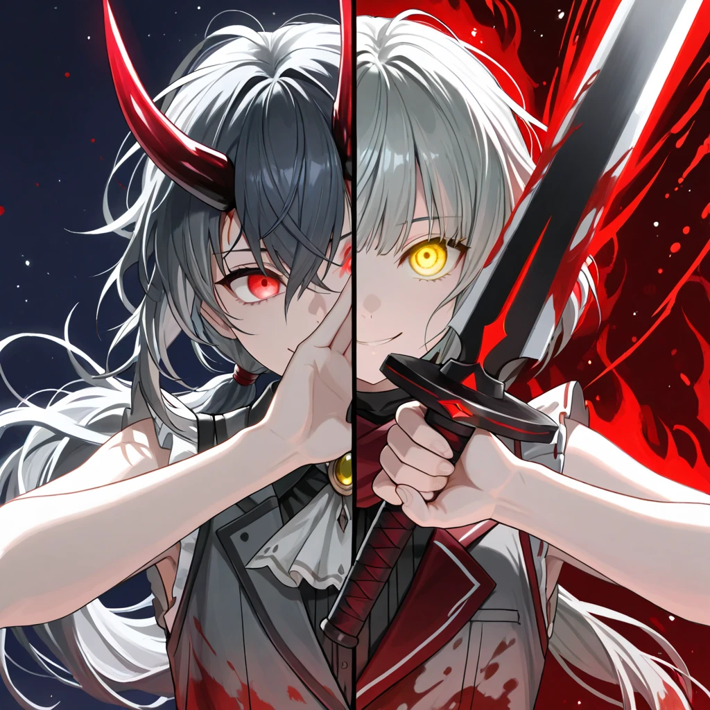 (Masterpiece, best quality), intricate details, JK, highly detailed, intricate details, portrait, split-screen two-panel composition, left side:sword raised, girl, smile, messy hair, yellow eyes, upper body, long hair, gray hair, low ponytail, light skin, yellow eyes, gray sleeveless vest with white frill trim,thin, light gray sleeveless shirt, dark red swordbelt, sword sheathe, sword pommel, slashing sword, holding sword, dark red background,, right side: holding up sword, shadow aura, light particles, dark blue background, one glowing eye, red eyes, blood splatter, blood on clothes, blood on clothes,hands covering face, frowning, shadowy demonic horn, lifeless eyes, shadowy hands, shadowy aura, girl, messy hair, upper body, long hair, gray hair, low ponytail, light skin, yellow eyes, gray sleeveless vest with white frill trim,thin, light gray sleeveless shirt dark red swordbelt, sword sheathe, sword pommel, slashing sword, holding sword,