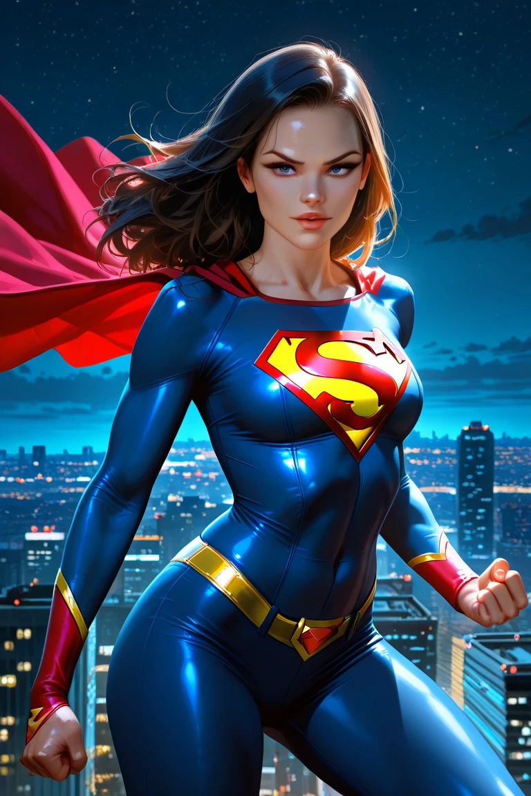 (best quality,4k,8k,highres,masterpiece:1.2),ultra-detailed,(realistic,photorealistic,photo-realistic:1.37),supergirl,anime,detailed,mysterious powers,colorful,bright lighting,ethereal atmosphere,vibrant colors,expressive eyes,flowing hair,strong and confident stance,magical aura,futuristic cityscape,neon lights,glowing symbols,laser beams,shimmering energy,transparent cape, long cape