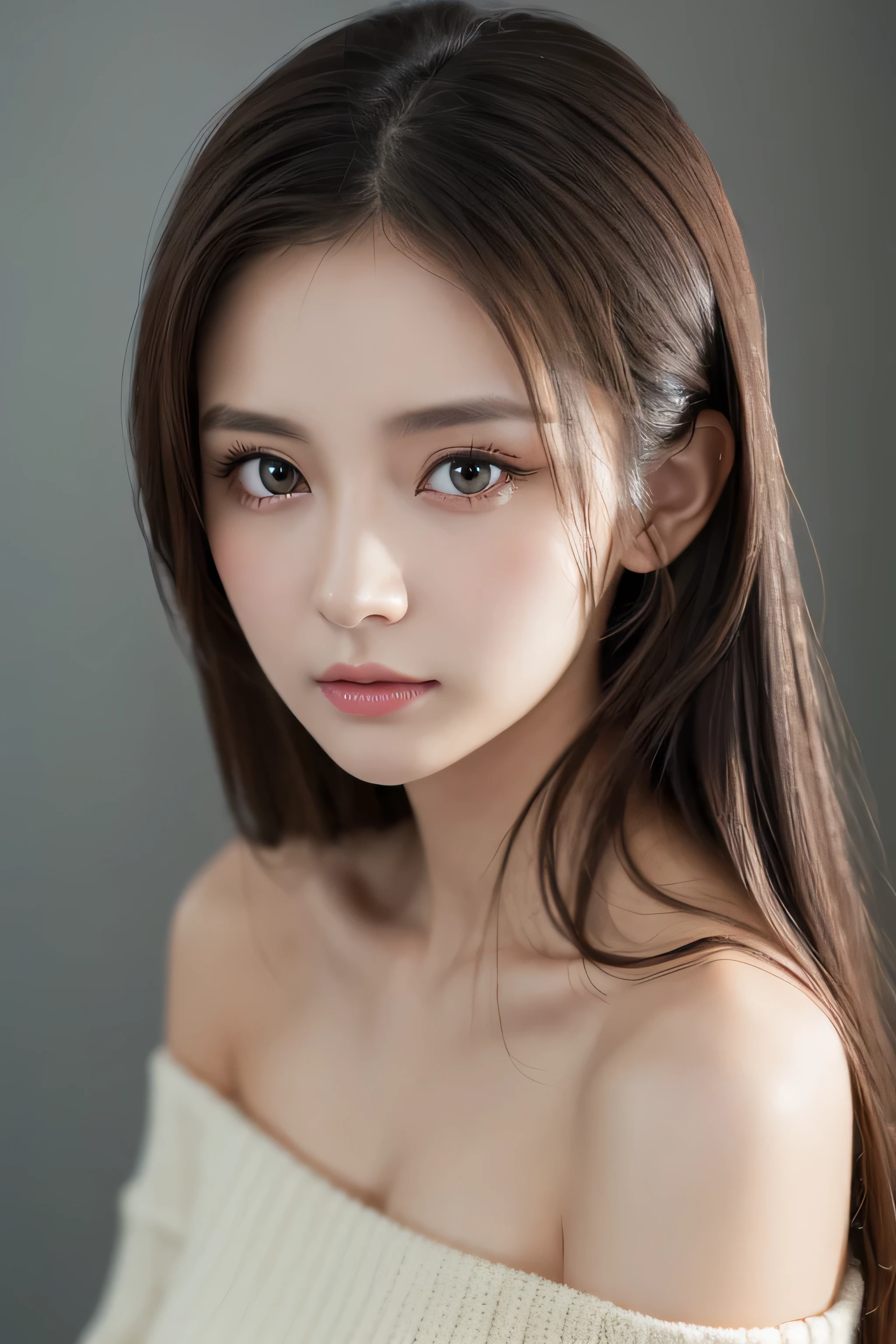 Realistic, Like the picture, Tabletop, Highest quality, RAW Photos, One Girl, alone, Long Hair, Brown Hair, Detailed face, Attractive face, A shirt with a bare collar,Small breasts, Dynamic pose, View your viewers, From below, Detailed Background, Fine details, Intricate details, Ray Tracing, Depth of written boundary, Low Key, Hmph