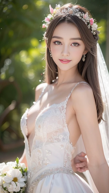 Front above view, naked, ideal tits, deep v off shoulder lace bride dress, stomach, grass background