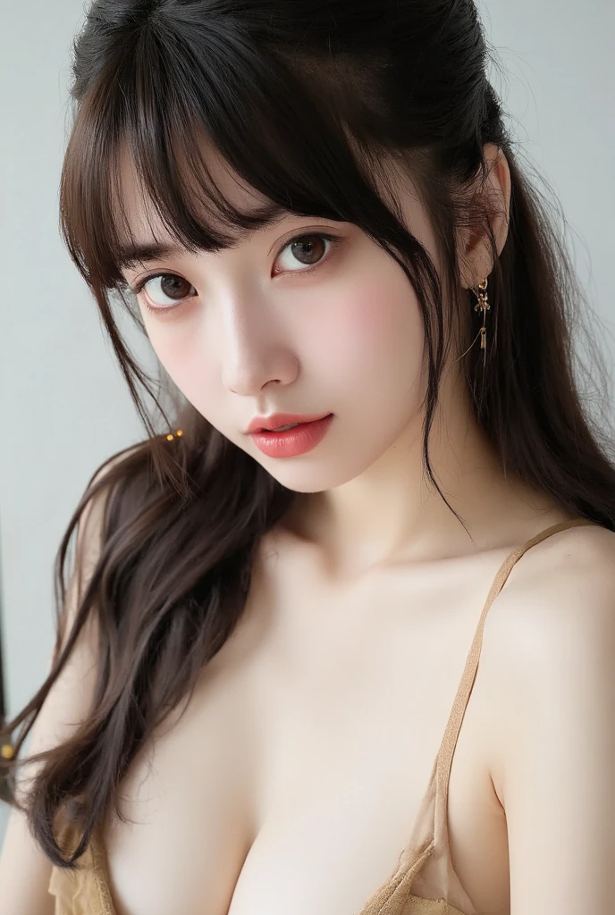 1 Girl, (Naked Girls:1.7),((Cover your chest with your hands:1.3))、((Small and flat chest:1.8))、 ((No underwear:1.7))、((Pink big hair ornament:1.7))、((Apply pink makeup:1.4))、(cowboy shot:1.8)、((from the front:1.3)),((Your face is in the center of the frame:1.7))、((Pink Eyeshadow:1.2))、Very beautiful Japanese idol portraits, (RAW Photos, Highest quality), (Realistic, Realistic:1.4), (masterpiece), Very delicate and beautiful, Very detailed, 2k wallpaper, wonderful, finely, Very detailed CG Unity 8K 壁紙, Very detailed, High resolution, Soft Light, Beautiful detailed girl, Very detailed目と顔, Beautiful and sophisticated nose, Big beautiful eyes, Cinema Lighting, (Simple light color background:1.3), (Medium Hair), (Parted bangs), Light Gray Background、 Complete Anatomy, Slender body,Very small breasts, Sensual look