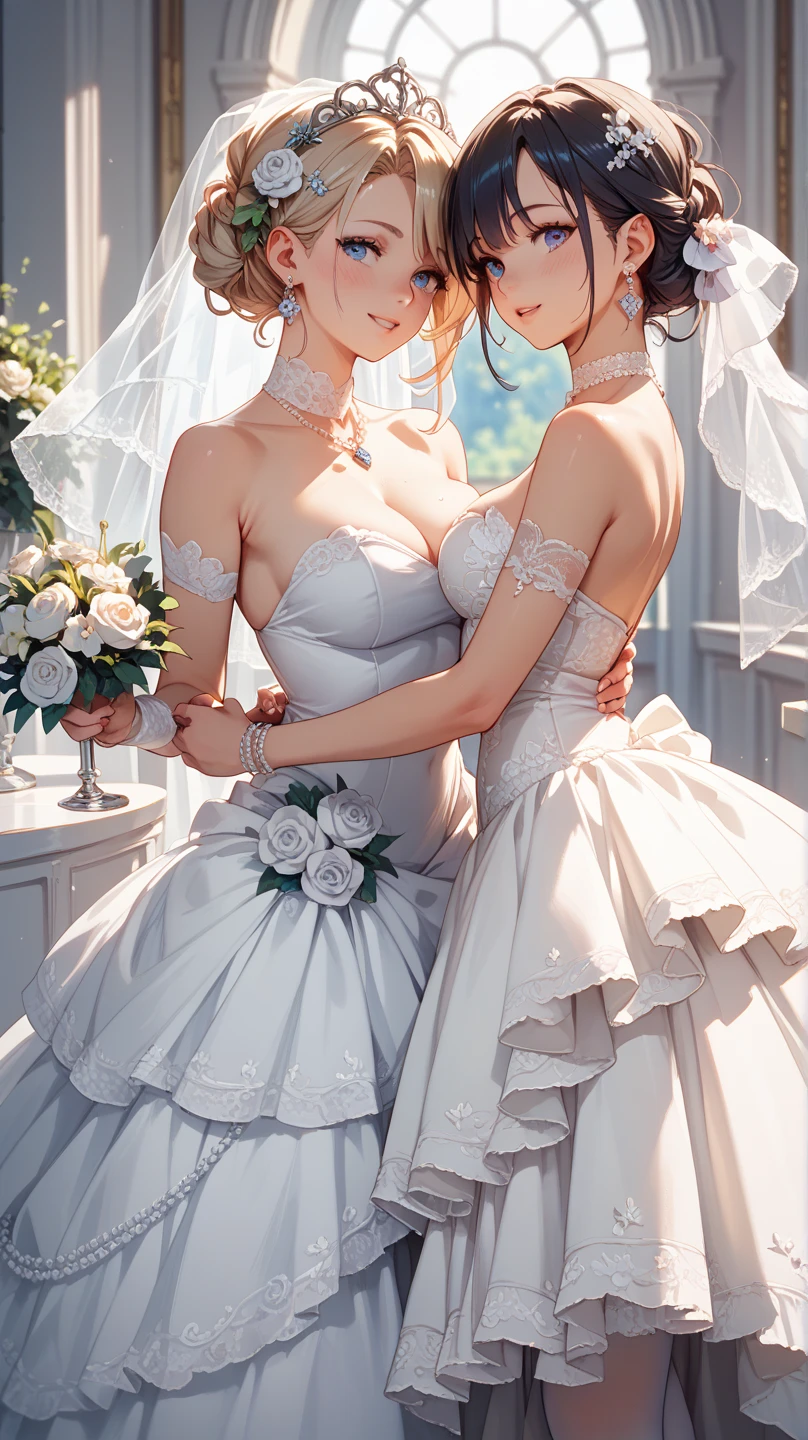 Duas noivas, Duas Garotas anime realista apaixonadas, garota ruiva com garota de cabelo preto, garota ruiva com vestido de casamento branco saia longa, garota de cabelo preto observando sua amiga ruiva, 16 anos, corpo bonito, seios grandes, with hand on chin,, Garota sexy, red short hair with braid, mechas de cabelo laterais, mechas de cabelo na lateral do rosto, beautiful lighting, sombras suaves, olhos azuis, short hair with braid, estilo anime, Ranma Chan, Autora Rumiko Takahashi, Baseado em obra de Rumiko Takahashi, Anime Ranma 1/ 2, decote sexy, corpo inteiro, corpo inteiro, busto grande, garota jovem, corpo belo e bonito, garota 16 anos jovem baixa estatura, usando vestido longo branco, garota anime, estilo anime, ao ar livre, red hair braid