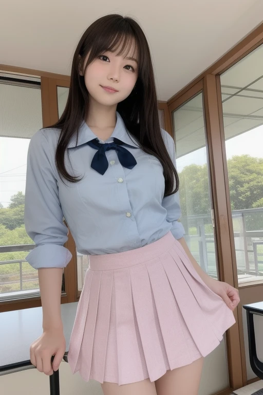 She is touching her tie with her hand。