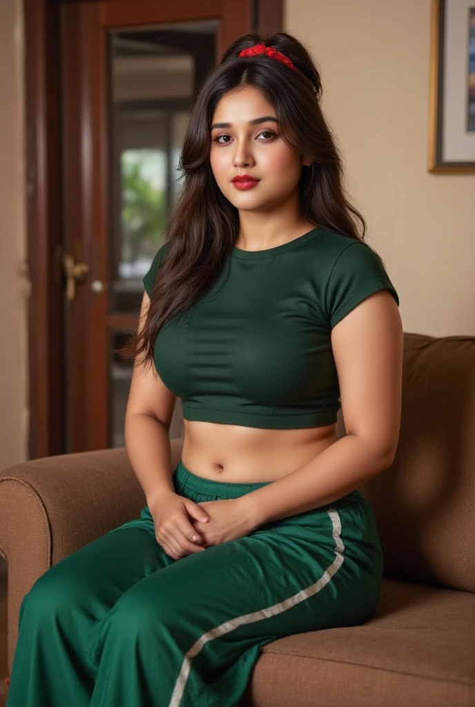 ((masterclass 1.8)) ((realistic 1.7)) ((natural)) (ultra HD), (super detailed), (extremely beautiful) Sara Ali Khan in a tight green shirt, sleeveless, lifts her hand on her head, revealing her shapely underarm, showing underboobs, (beautiful naval), her short skirt exposing her toned thighs. Her skin has a warm, healthy glow, and her features are naturally stunning.