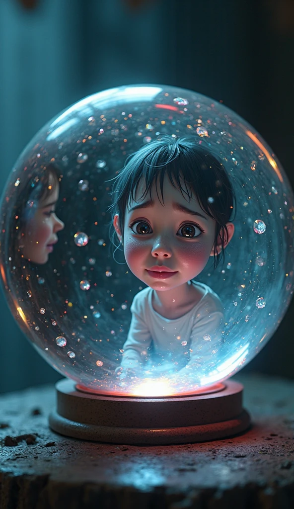Child girl WITH STRAIGHT RED HAIR, BLACK BACKGROUND, a crystal ball in her hands.