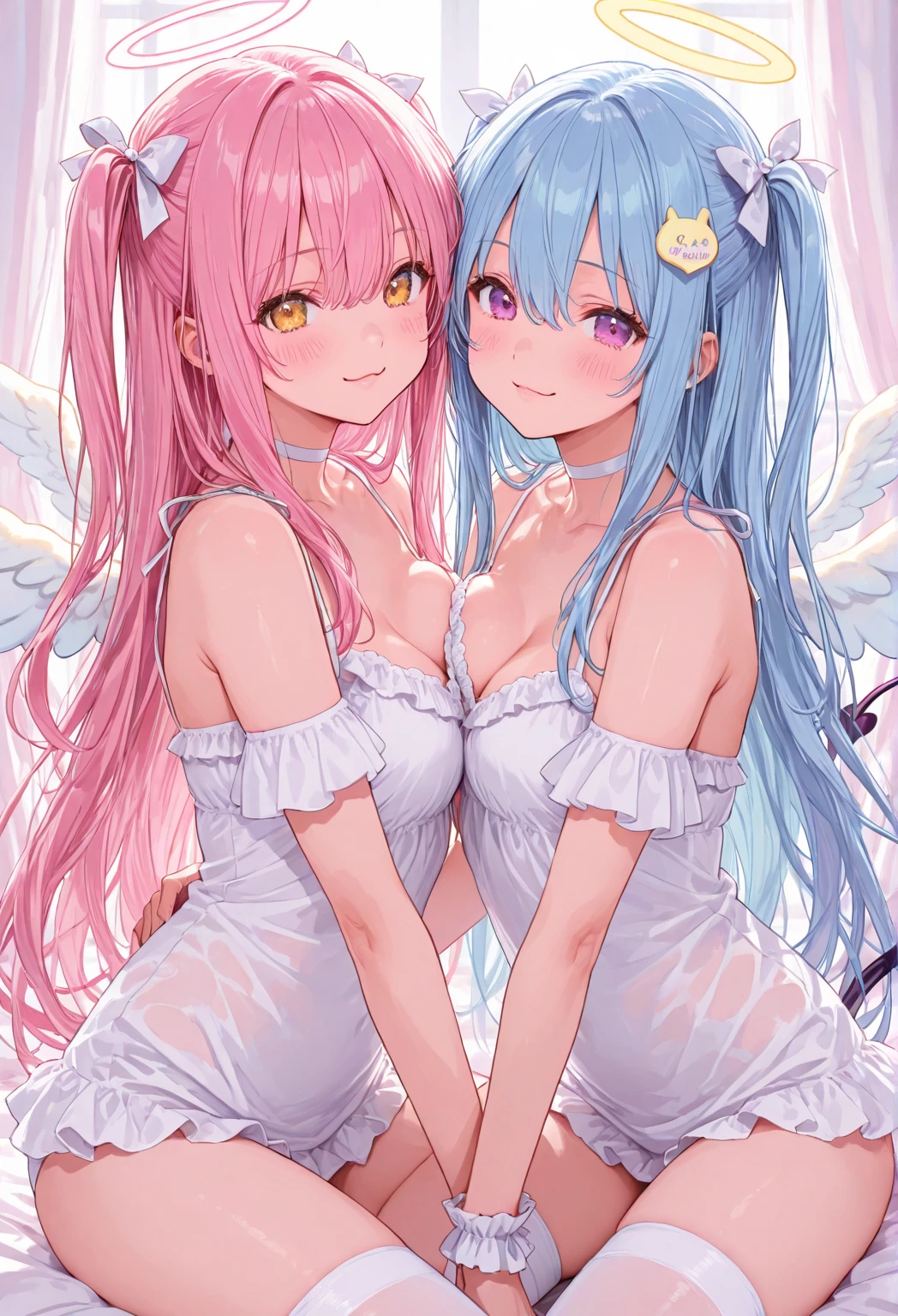 NSFW,Two Girls,selfee,Bring nipples to nipples together,Hugging,show off nipple,Light blue hair,Light pink hairstyle,Cat ears,Pink eyes,Light blue Lolita,white sock,pink bows,Smile with open mouth,Top image quality,Best Quality