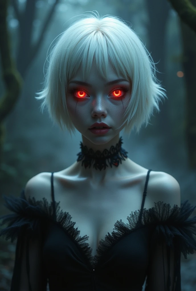 1girl, white hair, wild hair, red eyes, (white eyelashes:1.2), emotionless, red glow halo, (chromatic aberration:1.2), solo, digital dissolve, black bodysuit, 20 years old, mature, arrogant expression, black background, look at viewer 