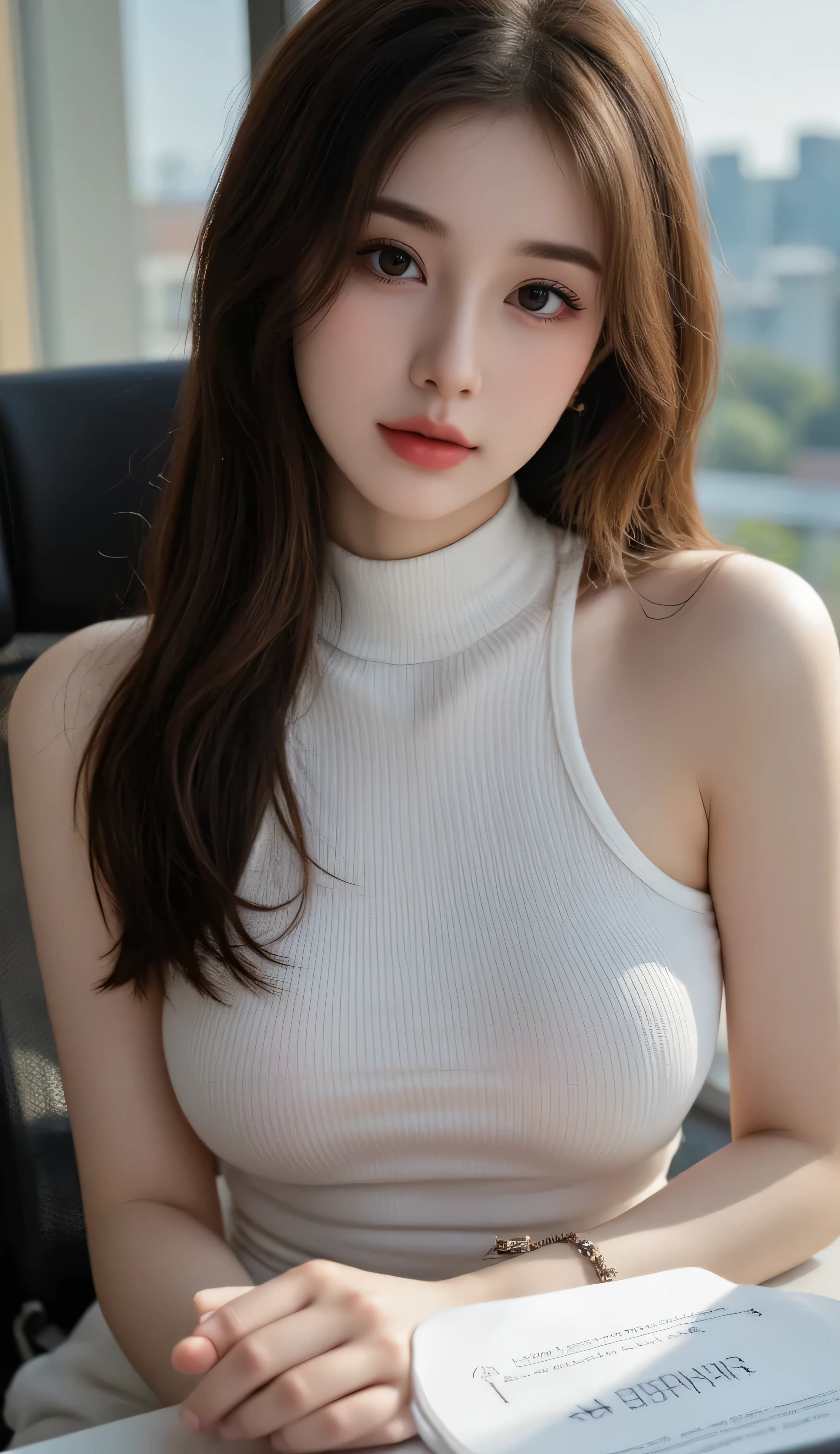 Gorgeus Girl, Beautiful, Baby Face, 20 Years Old, White Skin, red lipstick, sensual Lipstick, Sensational Make up, Cleavage, Colossal Breasts, Side Pose, Outfit Straps, Crop Turtleneck Top, Mini Shirt, Blue Eye, Bokeh, Modern Place Background, Masterpiece, Fullbody Shot, Straight Pink Hair
