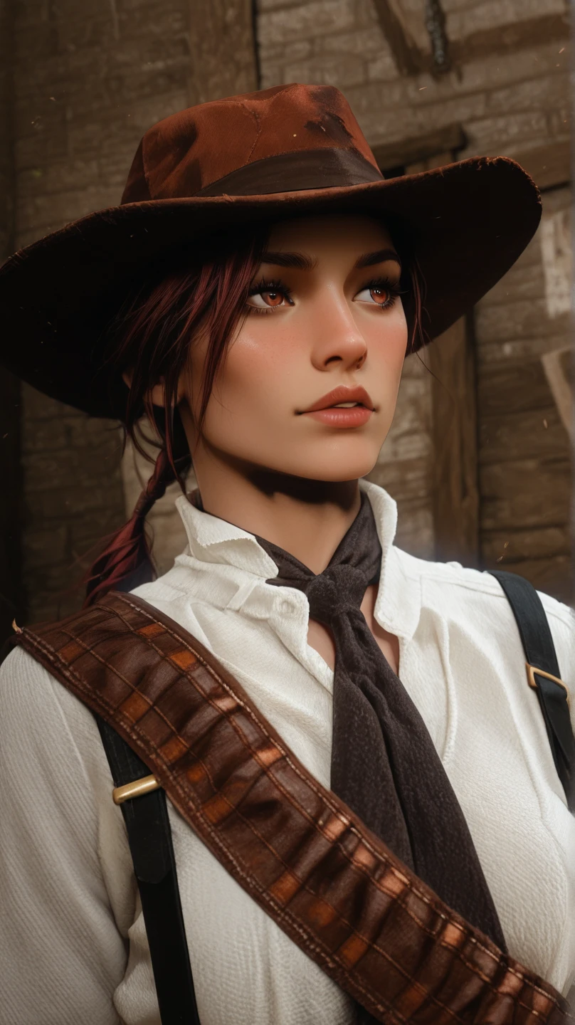 8k hyper realistic gorgeous portrait of a steampunk inspired western style witch with dark hair who wields a gun