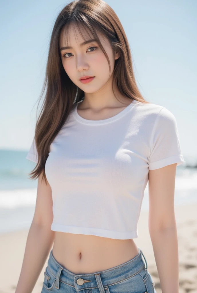 ulzzang-6500-v1.1, (RAW Photos:1.2), (Photorealistic), (Genuine:1.4), 1girl、Perfect Anatomy、20 years old、Looking at the camera、Medium Long Hair、red T-shirt, skirt, ((on the beach at sunset :1.1))、(Ultra-realistic pantyhose:1.2), (Business services)、Asian Eyes Ella,
