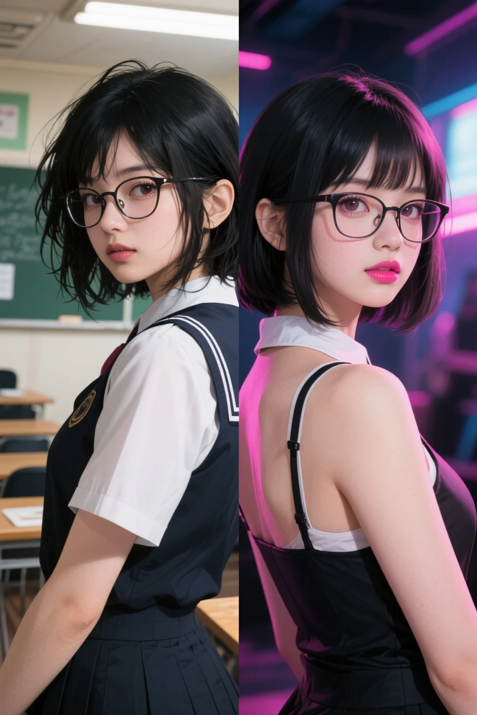 (masterpiece, Highest quality, It captures a very cute moment, Depth of written boundary, Super detailed, Ultra-high resolution, C4D, Octadale, 3D Modeling,Realistic human photos、 8K, 16K, One Girl,Middle school students, Small breasts,Black Hair,short hair,Straight Hair,Light brown eyes,White headband,Wearing black glasses,Cute face), Bloomers, Black tank top, zettai ryouiki, Wet clothes,Classroom Nights,Moonlight, Good elevator, Take off、Real-life skin、Not an anime、Realistic、Not an illustration