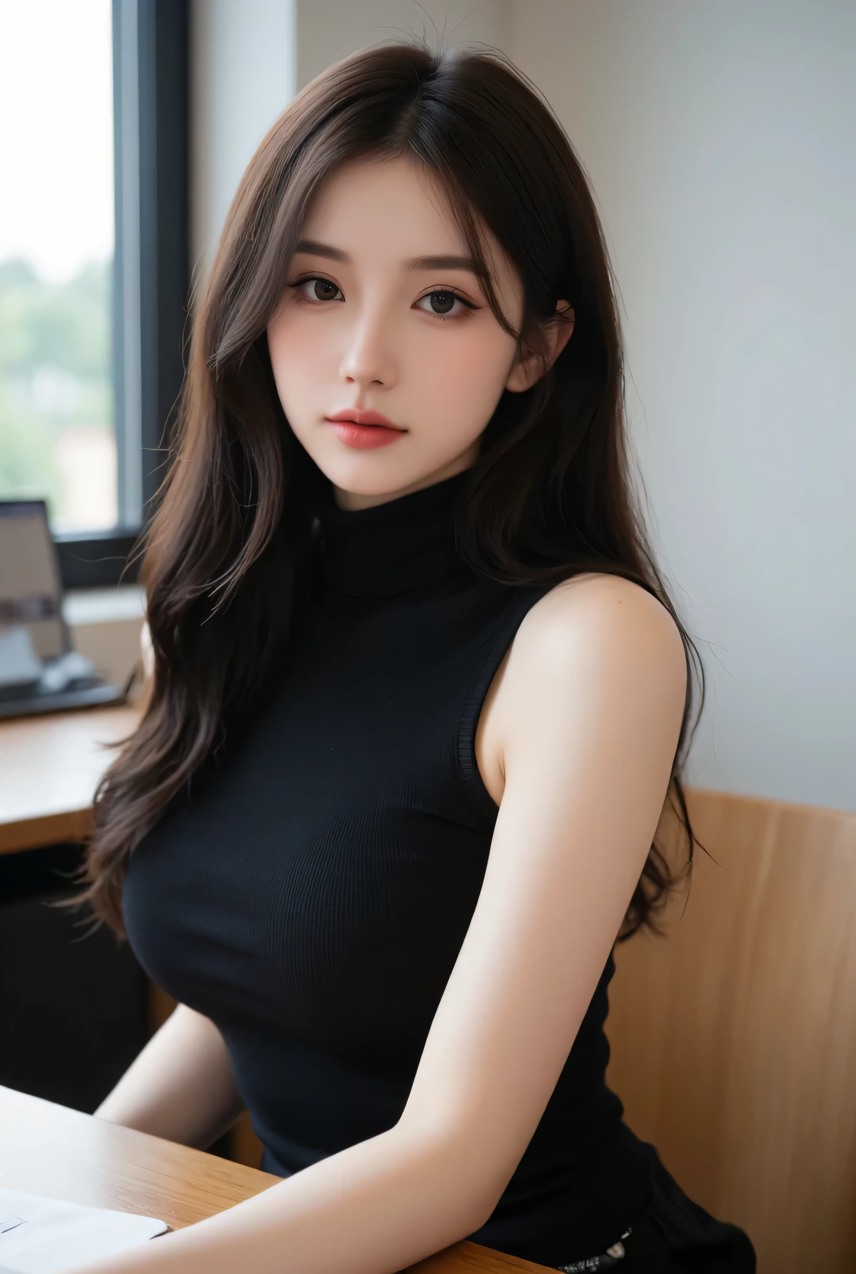 1 beautiful young girl, Super beautiful detailed face, shyly smile, Symmetrical black eyes), hime cut hair, (Fine face:1.2), High quality, Realistic, Highly detailed CG unified 8K wallpapers, Highly detailed, High-definition raw color photos, Professional Photography, Realistic portrait, Cinematic Light, Beautiful detailed, Super Detail, high details, depth of fields, FULL BODYSHOT、Random sexy poses、Medium Hair、semi long hair、thighs thighs thighs thighs、beauty legs、Bare legs、 Super beautiful detailed face, shyly smile、(Skirt blowing in the wind:1.3),You can see the valley、KPOP Idol Face,(Best Quality, 4K, 8K, hight resolution, masutepiece:1.2), Ultra-detailed, (Realistic, Photorealistic, Photorealsitic:1.37), (Beautiful detailed eyes, Beautiful detailed lips, extremely detailed eye and face), Physically-based rendering, Vivid colors, (Big Tits, ultra gigantic tits, Super super big, Glamorous body), (Knitted Dresses),(Long black straight hair, Shiny hair, Shiny skin), cafes、inside in room