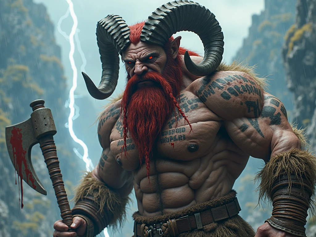 Photorealistic naked tall large male demon with a body like the orcs from warcraft movie,massive horns, big muscles and a long beard