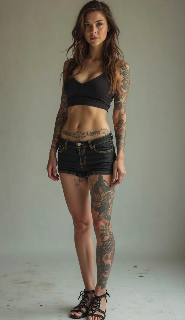 there is a woman in a white bodysuit standing in a field, tattooed body, fully tattooed body, tattoos all over the skin, in a field, inked, tattooed, with tattoos, tattooed skin, full-body tattoos, full - body tattoos, tattoo style, full body tattoo, in the middle of a field, anna nikonova aka newmilky