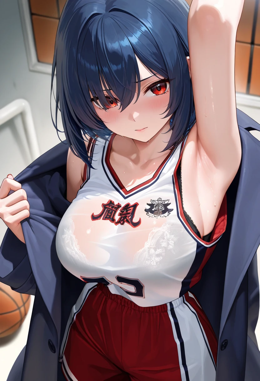 (score_9, score_8_up, score_7_up), zPDXL, 1girl, black hair, ponytail, blunt bangs, black eyes, tareme, looking at viewer, solo focus, from above, large breasts, nipples, , open clothes, facing viewer, blush, armpits, track uniform, shirt lift, navel, lifted by self, holding sitting, crossed legs,