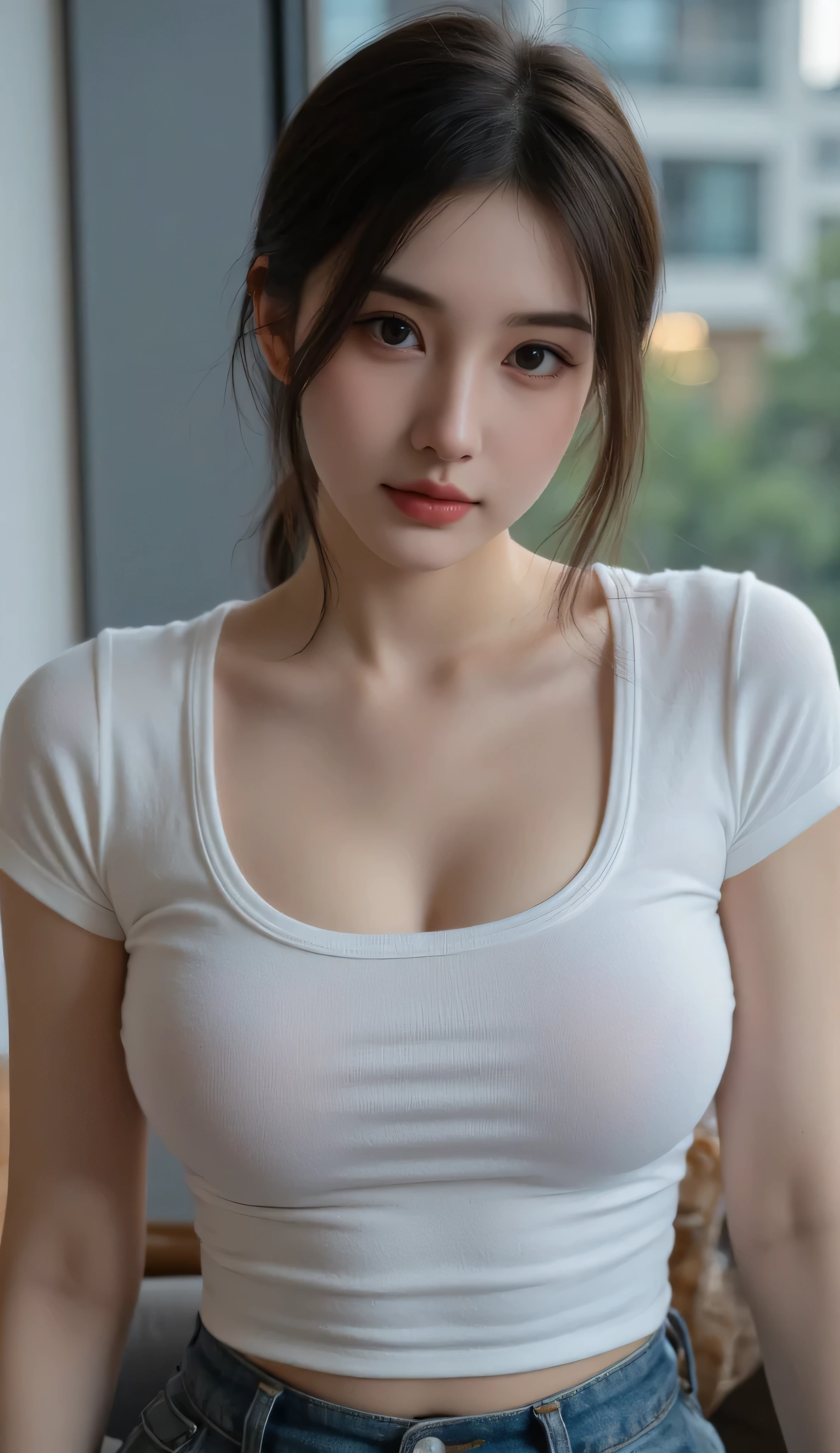 (Raw photo, 8k, Super high quality, masterpiece, High resolution, very complicated) (realistic: 1.4), cinematic lighting, 1 girl, focus only, summer afternoon, hot, 1990s (style), denim lens, indoor, short sleeve t-shirt, sweaty skin, Sweat seeps into the white shirt, A white shirt that is see-through with sweat, My chest is transparent,