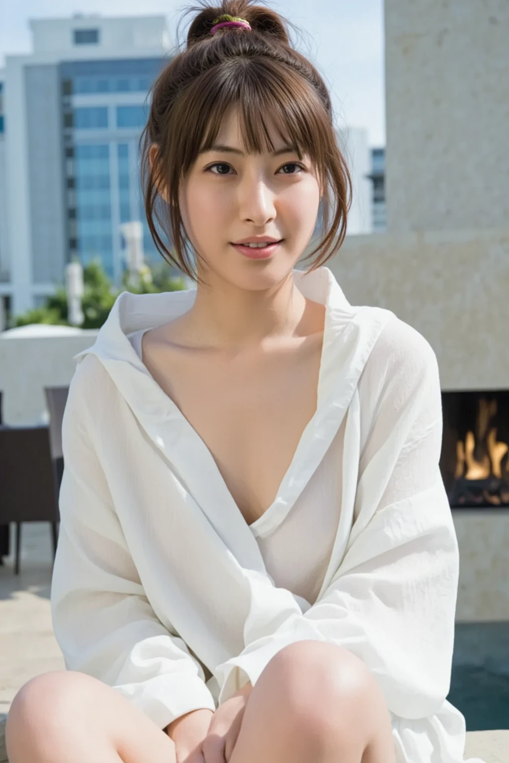 Wearing a bathrobe,