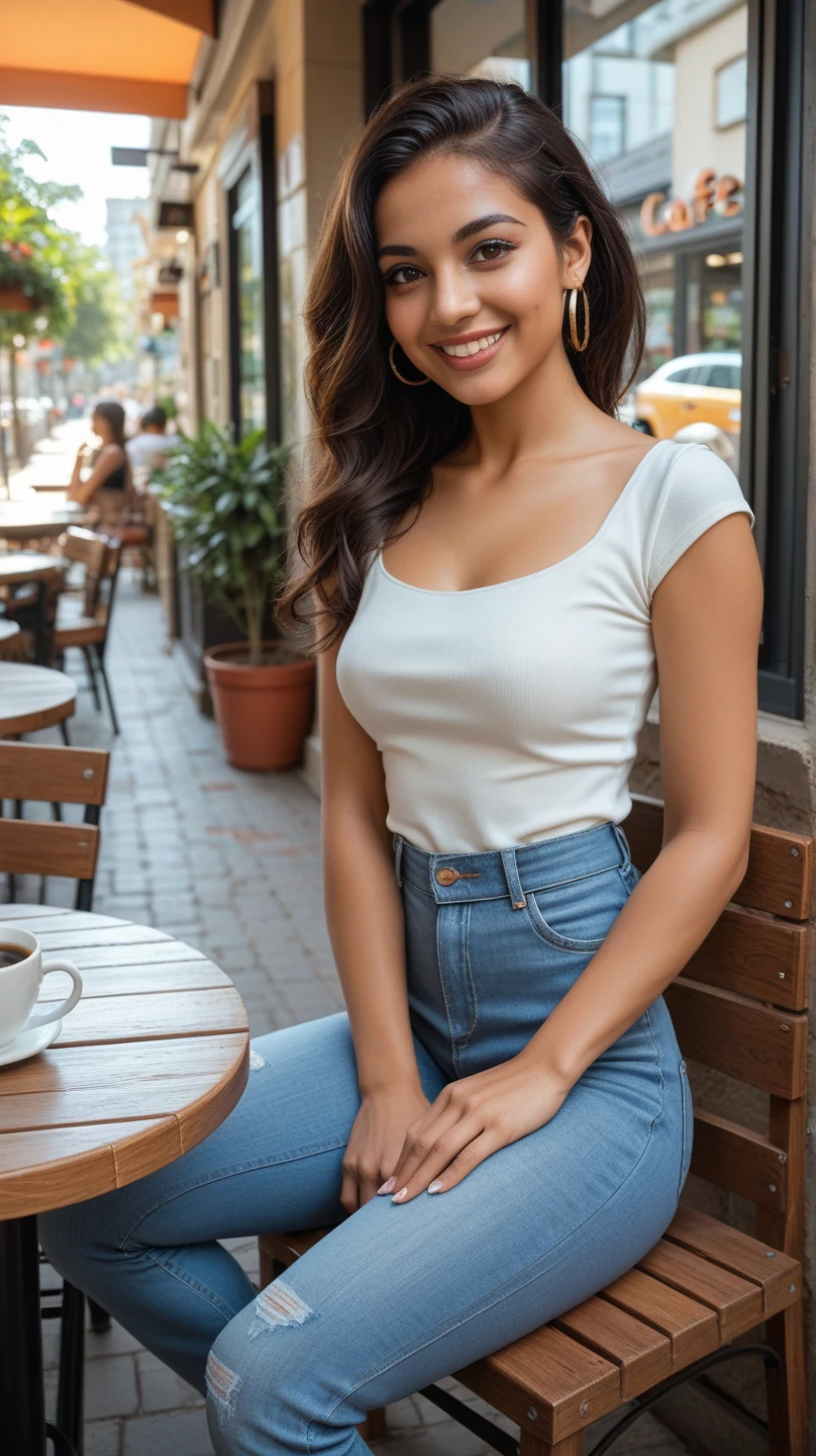 A beautiful st3f4n14f woman, 1girl,solo,looking at viewer,smile,short hair,blonde hair,shirt,jewelry,sitting,white shirt,earrings,food,teeth,midriff,nail polish,grin,bracelet,fingernails,table,denim,red nails,plate,realistic,soft lighting, professional Photography, Photorealistic, detailed, RAW, analog, sharp focus, 8k, HD, high quality, masterpiece<lora:st3f4n14f:1.0>