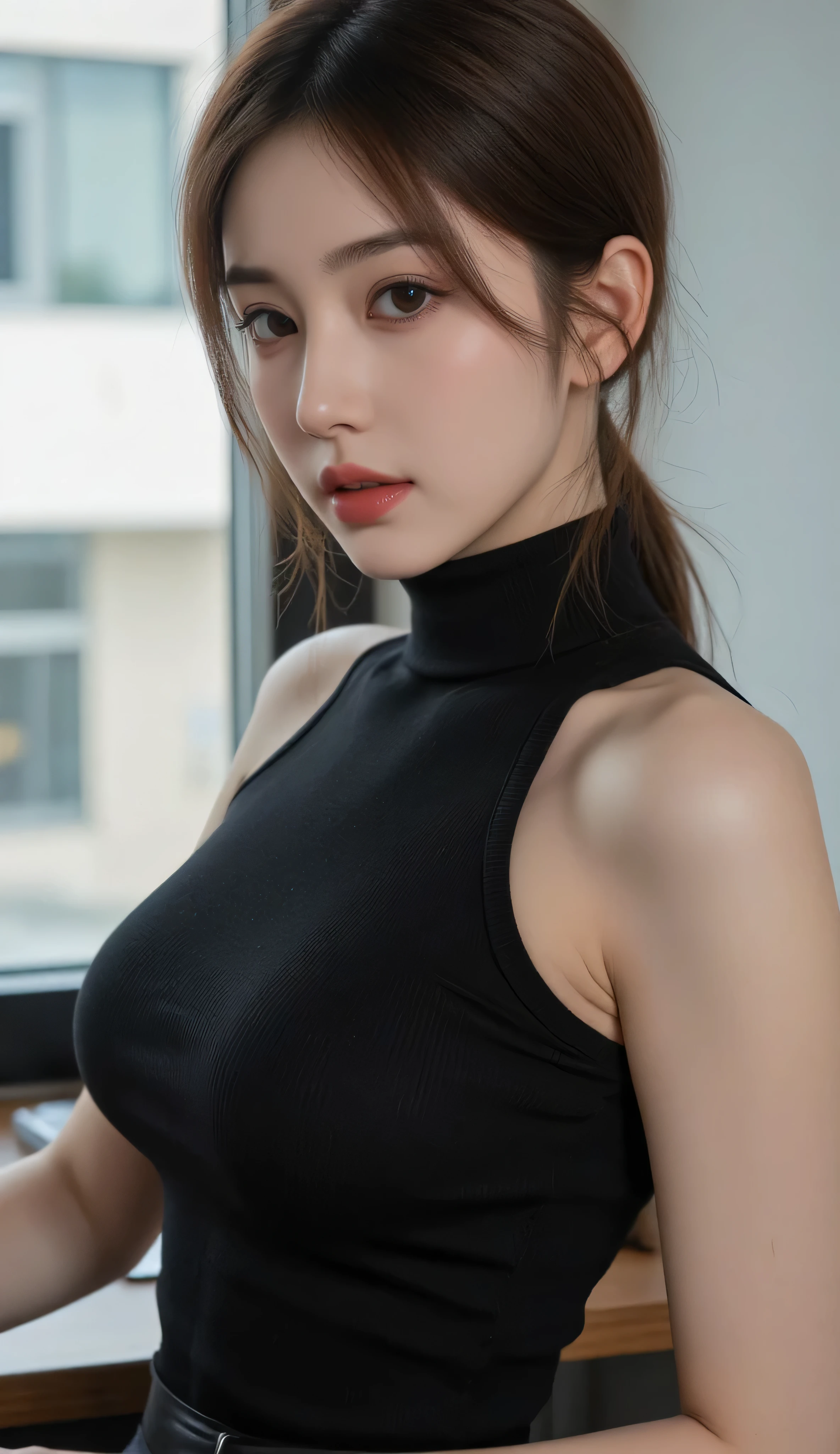 (8K, Raw photo, Best Quality, masutepiece:1.2), (Realistic, Photorealsitic:1.37), 1girl in,(Kpop Idol), Cute, Professional Lighting, Photon mapping, Radio City, Physically-based rendering, Black jacket, Black shirt, Black shorts, Blue eyes, Blunt bangs, cleavage cutout, Clothes Cutout, croptop, eyeshadows, Gradient Hair, Grey Hair, hair rings, brawn hair, brown haired, Navel, Shirt, Shorts, Sleeveless, sleeveless turtleneck, Sleeveless Turtleneck Crop Top, Stomach, turtle neck, Turtleneck Crop Top, Two-tone hair