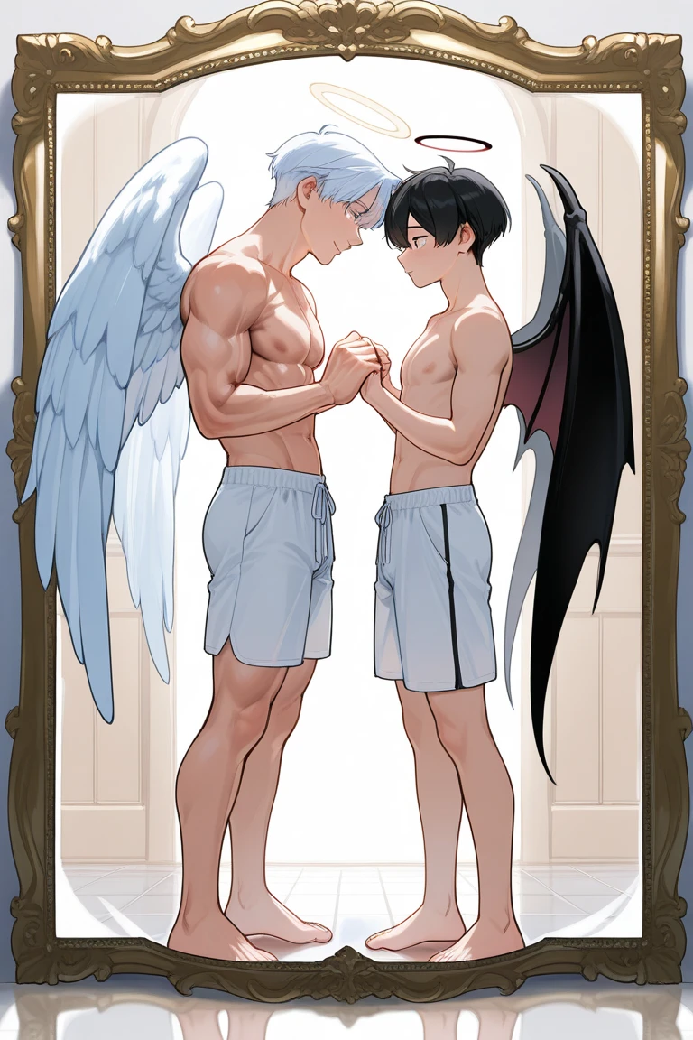 masterpiece, highest quality, (Focus alone), (Perfect Face:1.1), (Attention to detail:1.1),dramatic, ( 2 alluring albino naked angel guy with long flowing pure white hair and piercing 黒い目 standing close toghether , cuddle, almost kiss ),I can see your abs,Handsome,,Short Hair, realistic penis, long big dick expose, perfect pretty penis, cumshot alot semen(white liquid all over), cum on face, cum eatting,