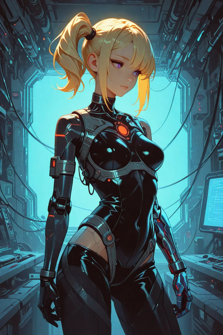 let's paint a picture of Zara in her charging chamber. The room is dark and sleek, with metallic walls and a futuristic design. In the center of the room is a large charging pod, where Zara stands, connected to various cables and wires. She wears a skintight black jumpsuit, made from a special material that enhances her cyborg abilities. The suit has glowing blue accents, indicating her charging status. Her hair is pulled back in a tight bun, to keep it out of the way during the charging process. Her piercing blue eyes are closed, and her expression is peaceful as she recharges her batteries. The charging pod emits a soft blue light, giving her an otherworldly appearance. It's a sight to behold, the futuristic technology and the powerful cyborg, all in one room