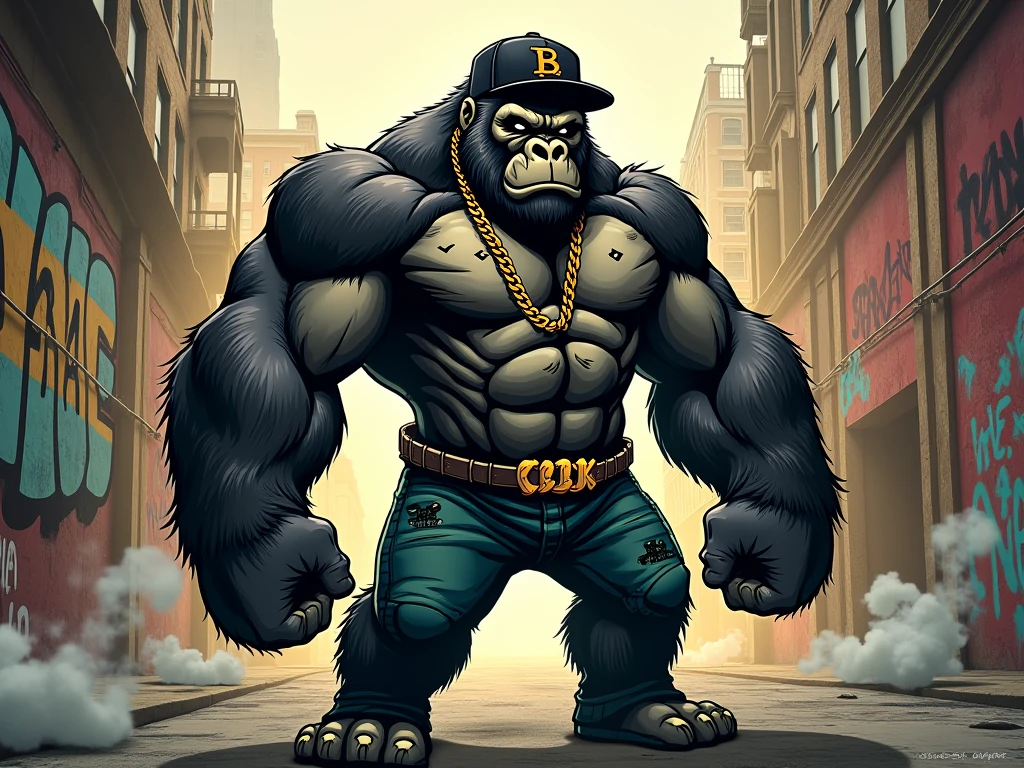 Gorillas in gangster cliques, Hyper-detailed representation, obra maestra: 1.2,
Una pandilla de gorilas con aire amenazador, high resolution, 1.5m male gorillas, Enfoque masculino,
bulging muscles, cuellos gruesos, cejas intimidantes, miradas feroces, intricately designed leather,
caras llenas de cicatrices, aretes de oro, bolsa de tabaco en la mano,
Gorilla leader with a thick silver chain and a confident smile., pecho hinchado,
Gorillas with scarves and gold jewelry, sagging shoulders, poderoso,
The camaraderie between them., Ojos entrecerrados, ready for action