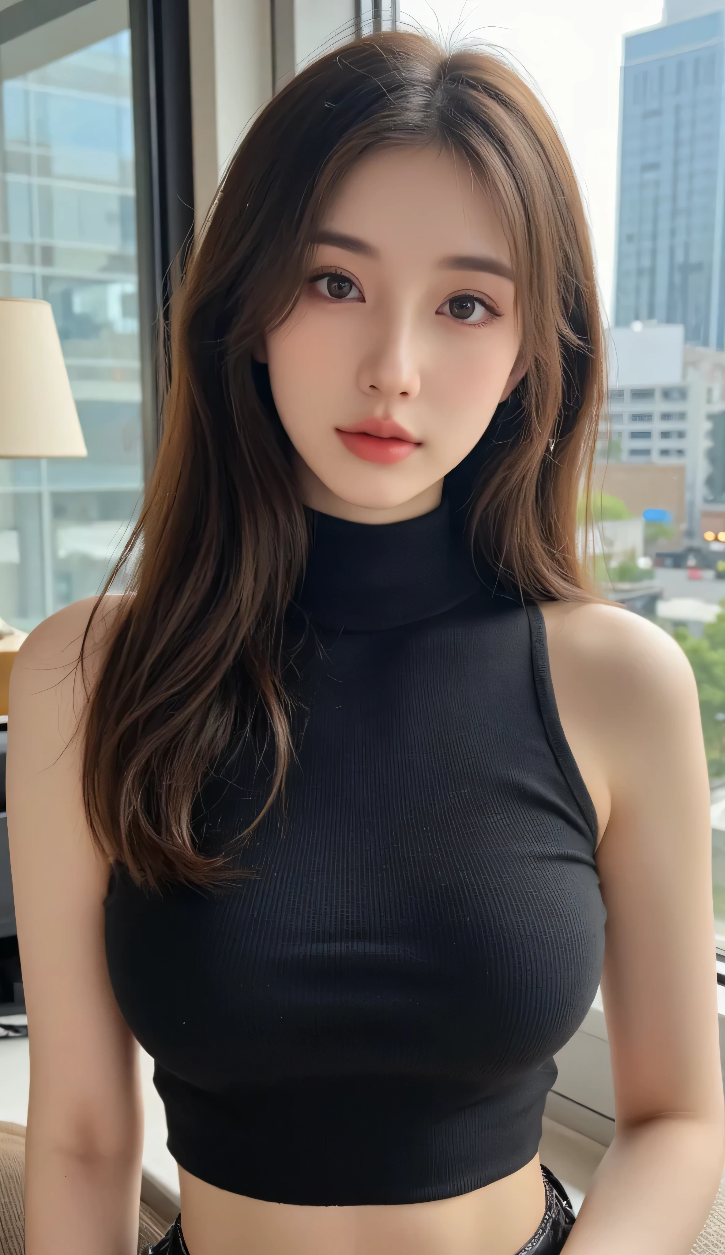 (Detailed Skin:1.2),(Glossy Skin:1.1), 8k, Top Quality, Masterpiece, Ultra High Resolution, (Photorealistic:1.4), RAW Photo, (Soft Saturation:1.3), (fair skin:1.2), 1 korean Idol, 19 years old, Detailed Face, Perfect Female Body, Medium hair, Messy hair, asymmetrical bangs, Light brown hair, Very detailed face, Very detailed lips, Detailed eyes, Double eyelids bottom, smile,Full body shot, Korean idol, slender and stylish figures with beautiful facial features., sexy black outfits, (turtleneck, sleeveless one piece:1.2), charismatic and visually captivating, sharp focus: 1.2, beautiful woman with perfect figure: 1.4、Slender Abs:1.2、Highly detailed face and skin texture, indoor