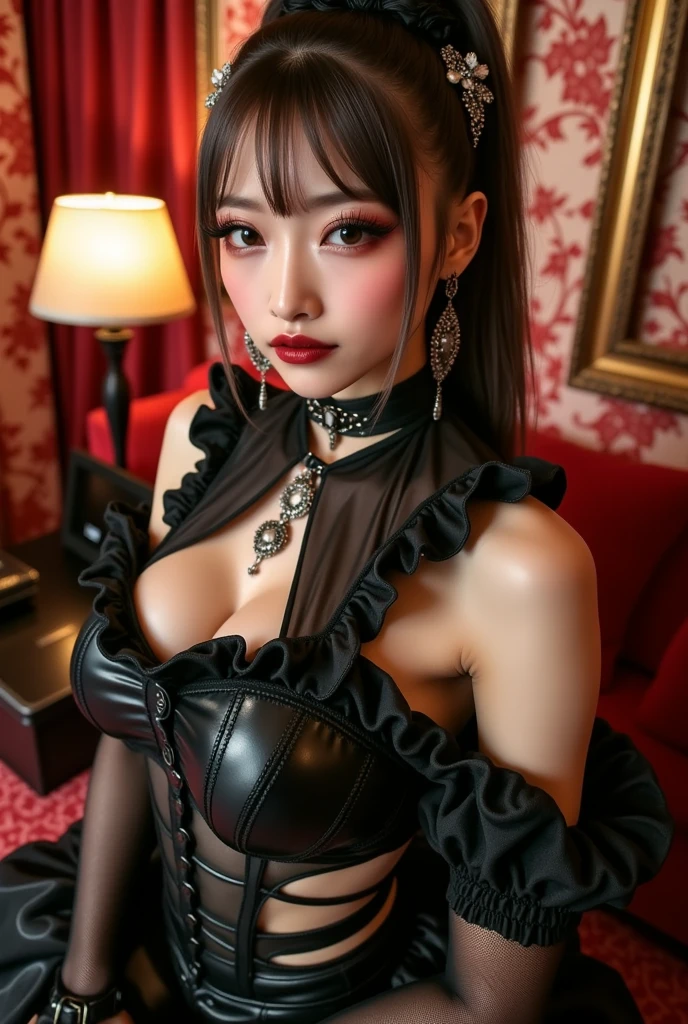 (Highest quality, 4K, masterpiece :1.3), Beautiful woman, Surreal, 1 girl,),Ajolf, Side Lock,Short hair and long straight hair, Gold Hair Band, Gold earrings, Gold Hair Ornament, Big Breasts, Exposing shoulders, Black Dress, Double-sided dress with red rose cape, choker, Thigh-high boots, , Fingerless gloves, Thigh-high boots,Slender beauty, (Huge breasts, Attractive body :1.2), Abdominal exercises :1.1, Long black hair 1.1, Highly detailed face, Lip details, Beautiful Eyes, double eyelid, Sexy low neck dress, Open neckline, Twisting waist pose, Visible curves,Muscular, Bent legs, Yugal, masterpiece, Highest quality, High resolution, aaYugalf,Cowboy Shot, Are standing, Looking at the audience, Outdoor, night, (Perfect Anatomy:1.Big Ass, jewelry, Off the shoulder, Black Pantyhose, Cute Smile, Beautiful and bright lighting, Beautiful breasts,Place your hands behind your back,