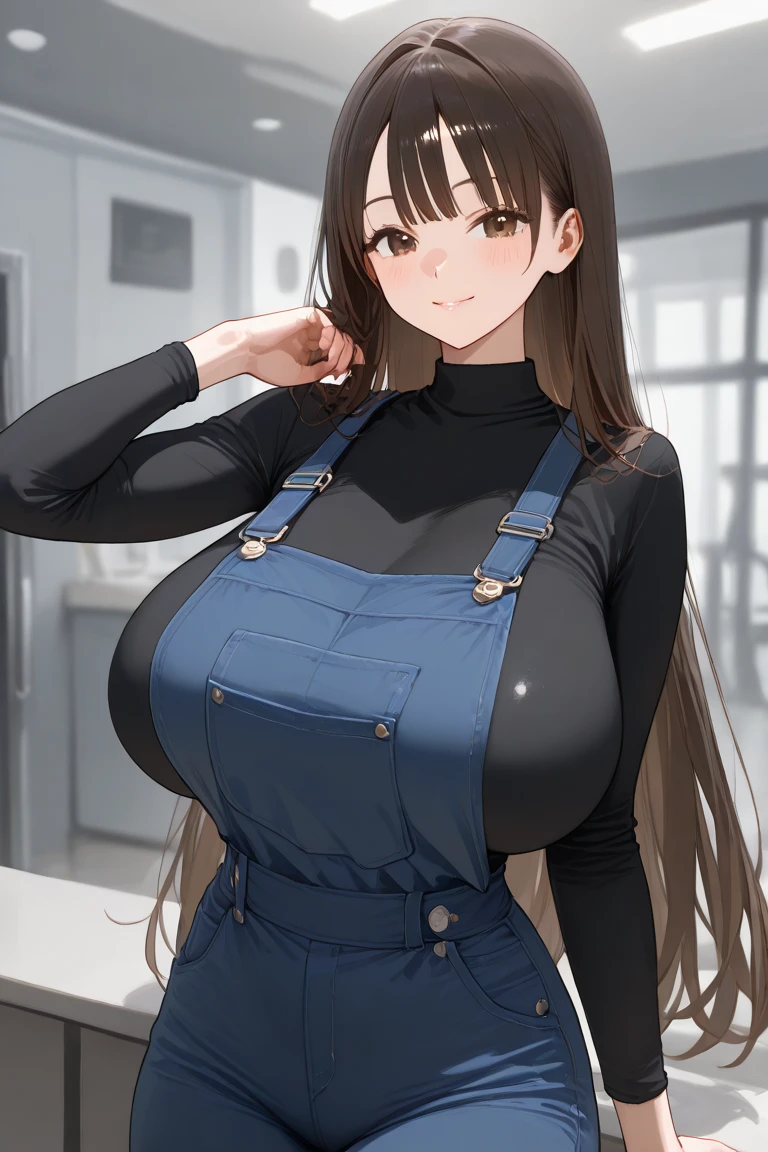 cute,black hair,big breasts,ponytail,POV,overalls,full body