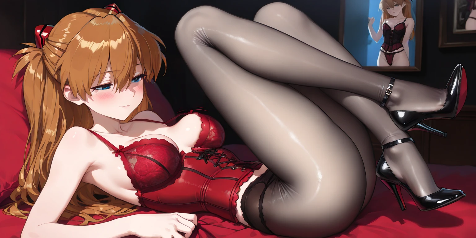 (top-quality: 1.3), (​masterpiece: 1.3), (The ultra-detailliert: 1.3)、(Detailed hands and fingers:1.2)、(((Woman in orange leotard)))、((Brown pantyhose))、(Love hotel rooms:1.3)、Brown-haired woman、ssmile、(Beautiful busty woman:1.4)、Longhair Woman、((Women with straight hair))、((Woman lying on bed with her head on a fluffy pillow、Place the right side of the body on the bed))、Woman with open legs、Woman in naughty pose