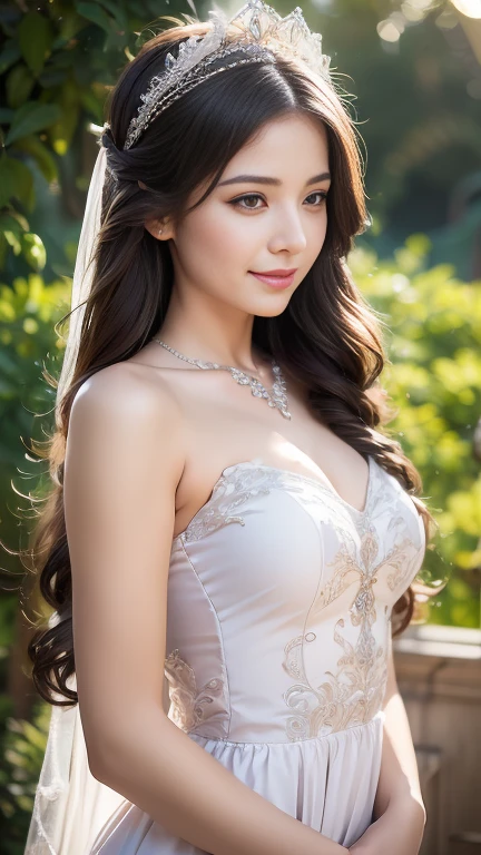 Blonde long-haired woman, Iris, Royalty, White see-through dress, Red Jewelry, Red earrings, moon, Noble, Lady, high quality, Very detailed, Detailed face, masterpiece, city, garden, Flowers, Light,(((White see-through dress)))、(((Upper body portrait))),Super long brown hair,Hair with loose waves inside,Long hair_Hair reaching down to the waist、white long sleeve button up blouse_brown pleated mini skirt、gold necklace_Large earrings、((A shy smile:1.3)),
