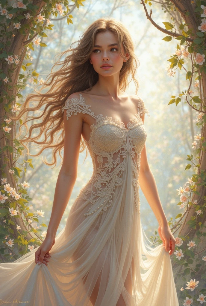 a golden-haired teenager with long, slender legs, intricate lace stockings, Elegant heels, standing in a garden with flowers, sunlight dapples her skin, delicate facial features, serene expression, intricate floral dress, cinched waist, flowy skirt, soft natural lighting, photorealistic, detailed, very realistic, extremely detailed, 8k, Hyper realistic, masterpiece