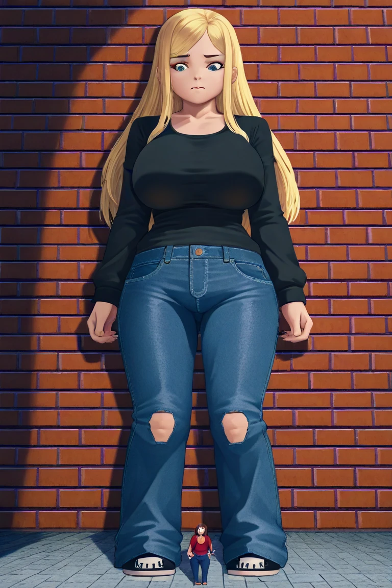 a sexy cartoon girl with a hat standing in a room with a wall paper, 1girl, solo, baseball cap, shoes, pants, sneakers, black headwear, hat, long hair, looking at viewer, blue eyes, breasts, blonde hair, bare shoulders, choker, bare arms, standing, shadow, braid, underwear, black choker, white footwear