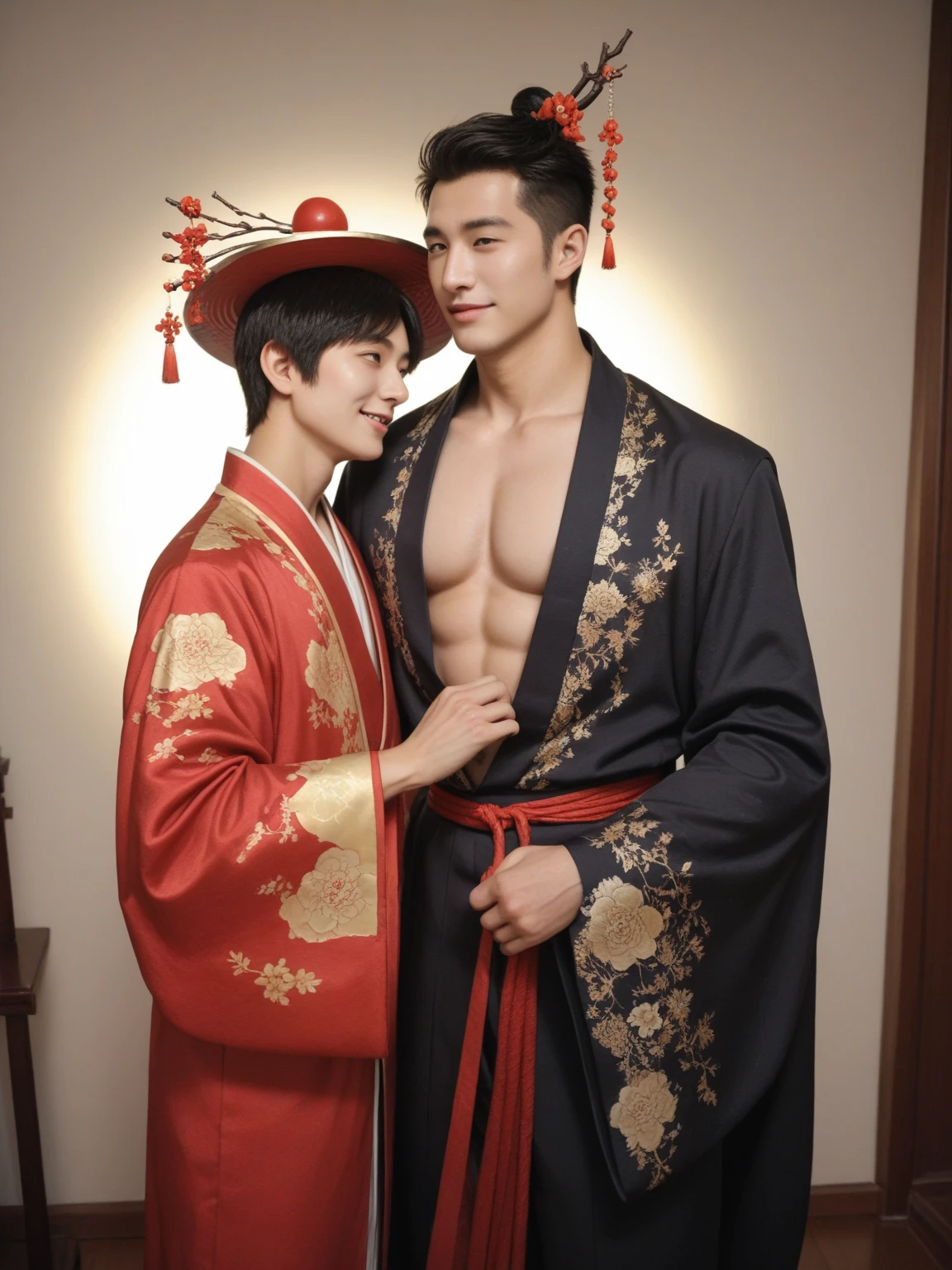 Two handsome boys kissing, smiling at each other, catching eyes ,hugging, kissing, touching lips, cuddle, romantic,skin ship, Chinese Men God, Mythology, realistic, Chinese odyssy, super Handsome,manly, kpop idol, handsome korean actor, 20 years old,, detailed face, manly jawline, manly chin, detailed mess curly styling hair, Topless, Muscles, big Athlete body, Full Frame,full body shoots, Sexy, listic, human skin, tattoo breast, Pional studio Lighting, long red tibet wedding Outfit, jade and golden pendent all over , detailed jewery in dress, earings,Chinese ancient temple Background,out door, super detailed background,look at camera , open mouth, sexy Underneathnderwear, tibet Warrior, Hanfu red wedding dress, tibet Male, tibet Nobel, Seduce , bare chest , tattoo chest, tattoo arms, tattoo hands, tattoo back, tattoo legs , detailed tattoos, big juicy butts, bare butts