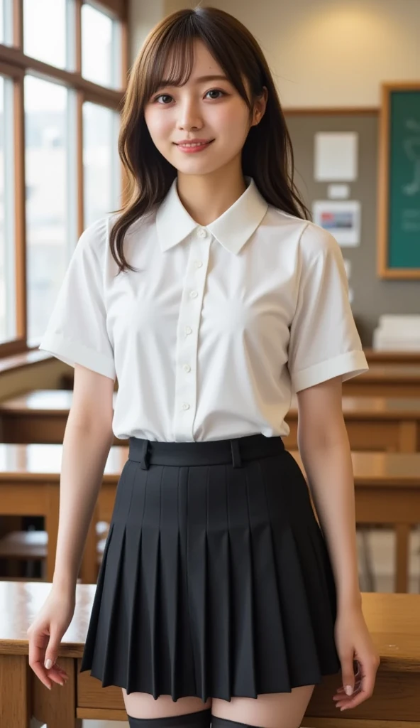 ((Brown Hair)), ((Gal)), ((Breast enlargement)), (masterpiece, Highest quality:1.2), 8k, Young and beautiful girl, 85mm,Official AR RAW Photos, (Baby Face), ((Small face)), (((Super big breasts))),  Detailed nipples, Show me your ears、photo shoot, Cute Face, Thighs, Classroom after school, Looking at the audience, (M-shaped legs), Embarrassing、smile、Natural Makeup, Film Grain, chromatic aberration, Sharp focus, Face Light, Bright lighting, 10 generations, Detailed face, Background blur、((((((14 year old high school girl))))))、Narrow waist, ((Schoolgirl uniform, Checkered pleated mini skirt)), (Sexyパンティー), sit with your legs open, Sexy, Seductive look