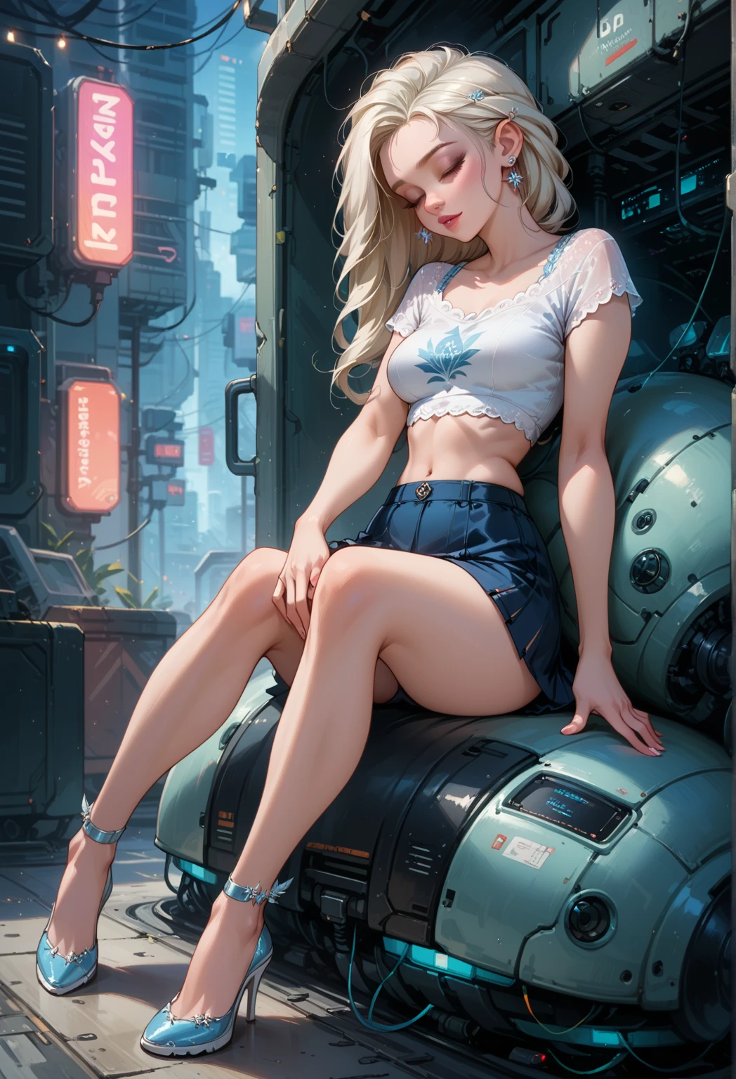 nsfw, 1girl, nude, full body, cyberpunk, mechanics, (masterpiece: 1.4), (8K, realistic, raw photo, best quality: 1.4), naked, sitting on machine, squatting cowgirl, legs open, nipple areola shape clear, slit_pussy, beautiful breasts, Japanese girl, beautiful cute face, (real face: 1.4), perfect pussy, beautiful hairstyle, realistic blue eyes, beautiful detail eyes, (real skin: 1.3), beautiful skin, attractive, ultra high resolution, ultra realistic, cinematic lighting, white colored hair, long hair, city ruins, futuristic world